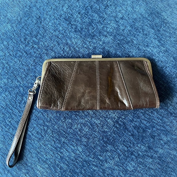 Kenneth Cole Reaction Brown Leather Frame Clutch Wristlet Kiss Lock Bag - Picture 3 of 14